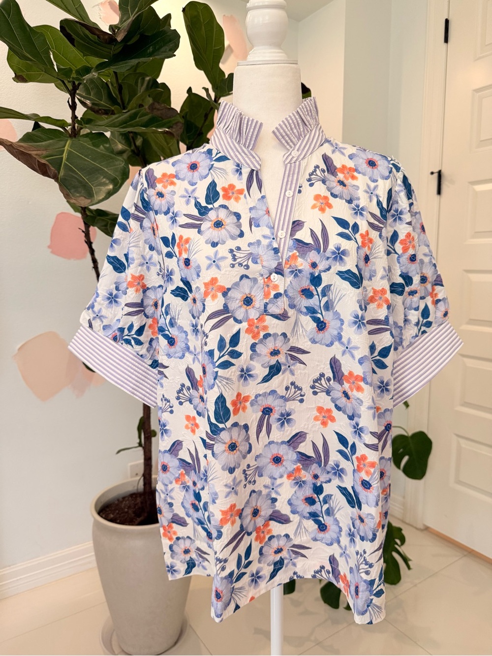 Floral Short-Sleeve Shirt - Blue & Coral